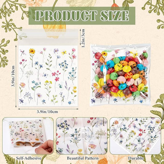 Tinlade 200 Pcs Wildflower Party Cellophane Treat Bags Floral Candy Decorations Plastic Clear Goody Bags for Wedding Birthday Graduation Party Supplies
