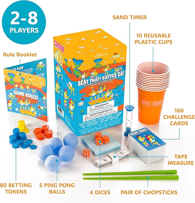Gutter Games Beat That! Family Game Night Set - 160 Wacky Skill Challenges - Fun Party Activities for Kids and Adults - Interactive Group Game for Birthdays, Holidays, and Gatherings