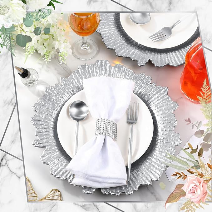 Tanlade 100 Pcs Reef Charger Plates Bulk 13 Inch Plastic Wedding Chargers Floral Decorative Plates with Metallic Ruffled Rim for Wedding Party, Holiday Event Supplies(Silver)