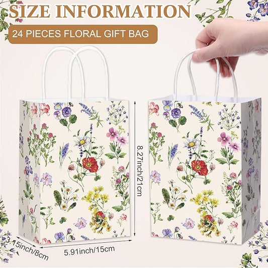 Marspark 24 Pcs Vintage Wildflower Paper Gift Bags for Wedding Bridal Baby Shower Engagement Birthday Party Supplies Floral Treat Bag with Handles Candy Goodie Bags for Guests, 8.3'' x 5.9'' x 3.1''