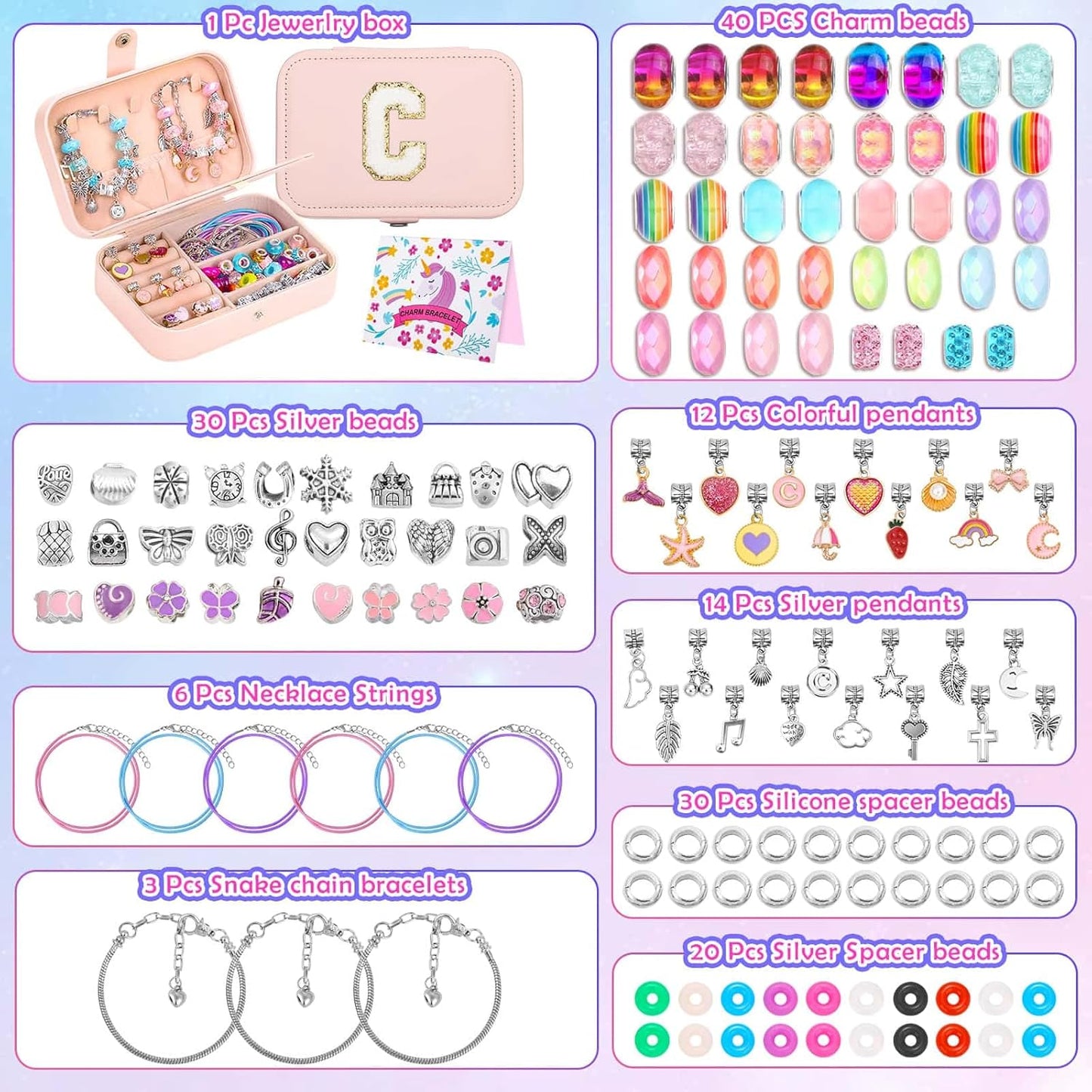 Billbotk 140 PCS Charm Bracelet Making Kit Cute Charm Beads for Jewelry Making DIY Bracelet Craft Kit for Valentine Christmas Birthday Gifts with Portable Bracelet Box