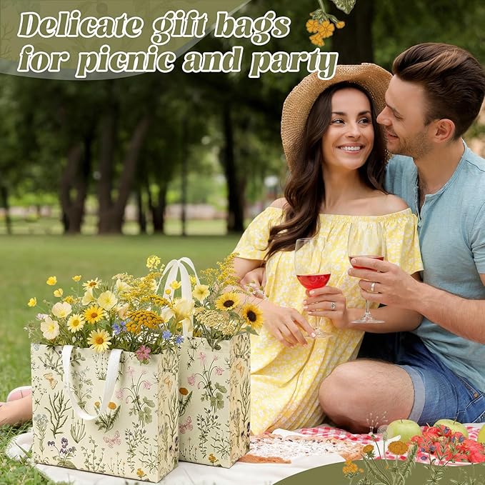 Abbylike 30 Pcs Wildflower Gift Bag Large Floral Shopping Bag Vintage Non Woven Tote for Party, 12.2 x 11.02 x 4.72 Inches