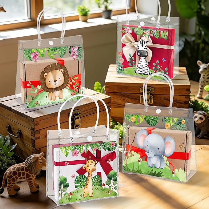 H1vojoxo Jungle Animals Gift Bags - 24PCS Safari Clear PVC Gift Bags Reusable Elephant Zebra Lion Giraffe Cartoon Jungle Animals Party Bag for Kids Birthday Baby Shower Wild One Birthday Decoration