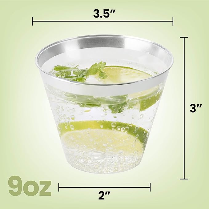 PLASTICPRO 9 oz Disposable Plastic Party Cups,Old fashioned Designed Tumblers, Crystal Clear (Clear With Silver Rim, 100)