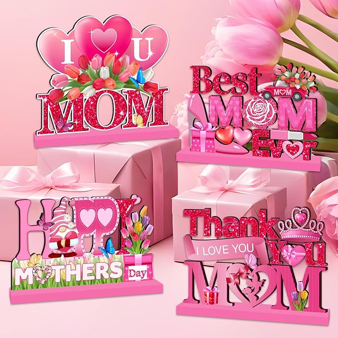 4pcs Mothers Day Decorations for Party Wood Table Decor Happy Mothers Day Centerpieces for Tables Pink I Love U Mom Thank You Mom Wood Tabletopper for Home
