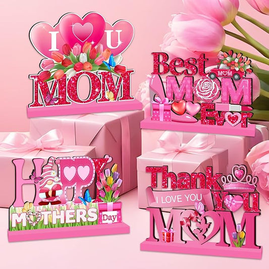 4pcs Mothers Day Decorations for Party Wood Table Decor Happy Mothers Day Centerpieces for Tables Pink I Love U Mom Thank You Mom Wood Tabletopper for Home