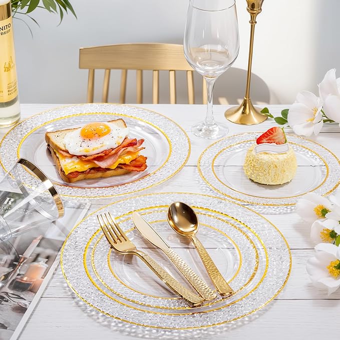 Nervure 102PCS Gold Plastic Plates - Disposable Clear Gold Party Plates Include 51PCS 10.25inch Dinner Plate & 51PCS 7.5inch Dessert Plate Perfect for Wedding & Party & Christmas