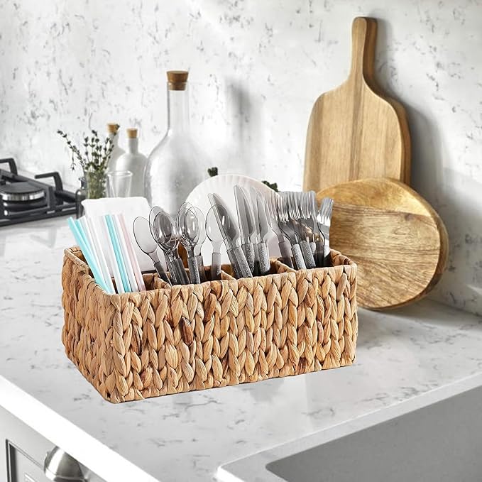 Silverware Organizer,Hand-Woven Wicker Kitchen Utensil Caddy with Handle,Cutlery Holder for Party Camping,Flatware Spoon Condiment Basket,Water Hyacinth Utensil Holder for Kitchen Counter