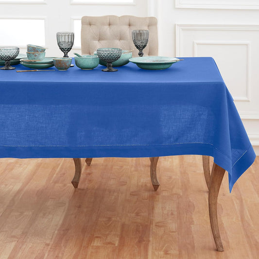 Solino Home Linen Tablecloth for Rectangle Tables 60 x 120 Inch - Classic Hemstitch 100% Pure Linen Royal Blue Table Cloth - Machine Washable Cloth Tablecloth