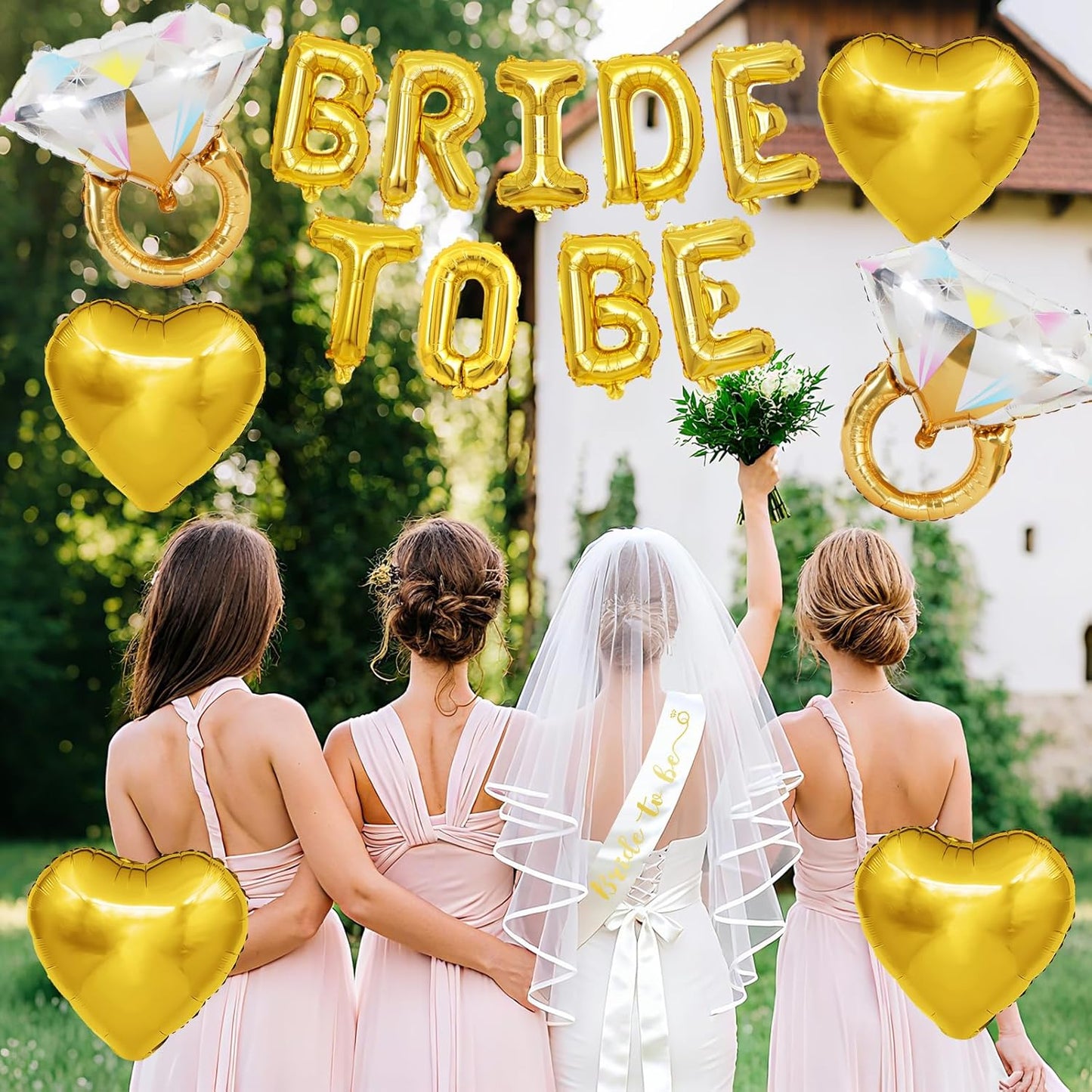 Gold Bachelorette Party Decorations, Gold Bride to Be Banner Heart Balloons with Diamond Ring Foil Balloon, Bride to Be Sash&Veil for Bachelorette Engagement Gift Bridal Shower Party Supplies