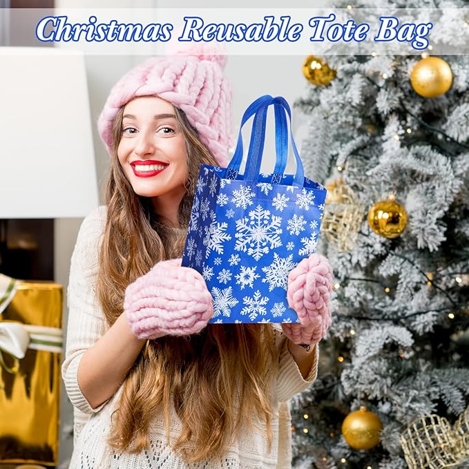 Wovnet 30 Pcs Christmas Bags Bulk Dark Blue Snowflake Winter Merchandise Gift Bags with Handles Reusable Non Woven Tote Shopping Goodie Pouch for Xmas Party Favors 10 x 8 x 4in