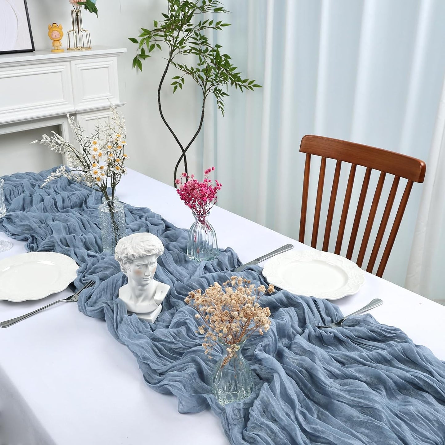 6 Pack 10FT Dusty Blue Cheesecloth Table Runner 35x120 Inch Gauze Rustic Boho Table Runner Cheese Cloth for Wedding Decor Birthday Party Bridal Baby Shower Table Centerpiece Decoration