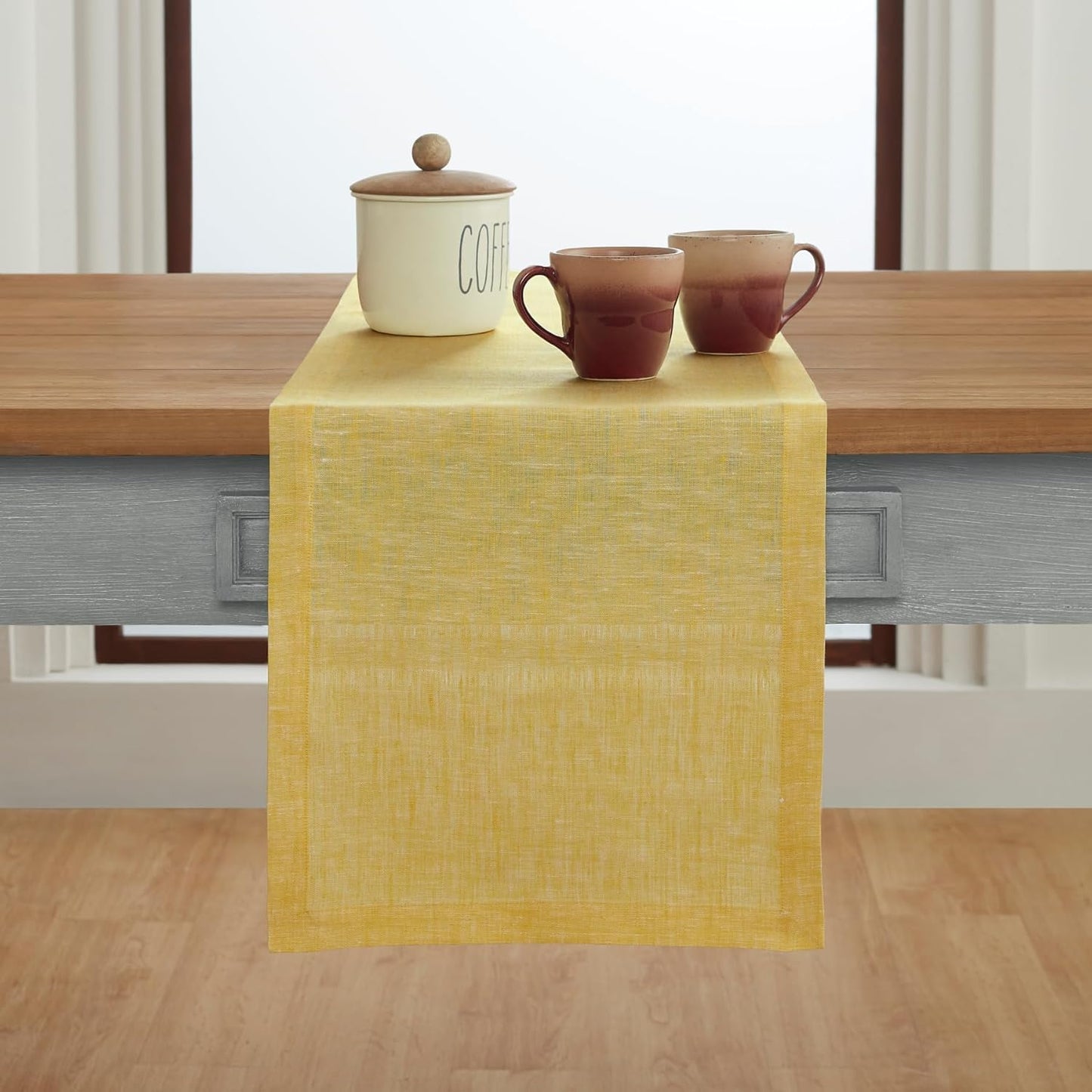 Solino Home Linen Table Runner 90 Inches Long - Athena, 100% Pure Linen Chambray Lemon Yellow Table Runner 14 x 90 Inch