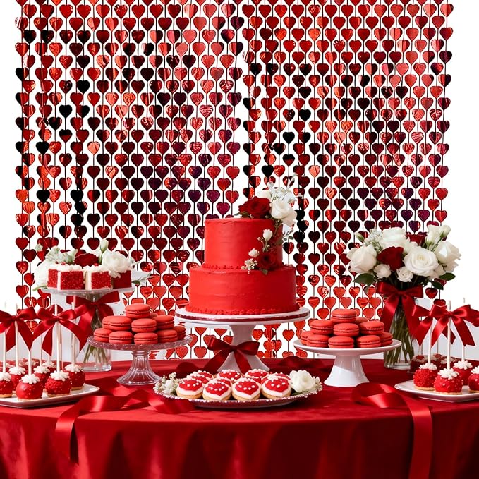 Red Heart Metal Foil Streamers Curtains, 2 Pcs 3.3x6.6ft Valentine's Party Decorations - Heart Pattern Backdrop for Engagement, Wedding & Birthday Photo Props