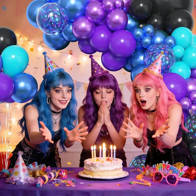 Amandir 153pcs Black Purple Blue Balloon Arch Garland Kit, Different Sizes 18 12 10 5 inch Confetti Teal Metallic Blue Purple Balloons for Video Outer Space Cat Themed Shower Birthday Party Decoration