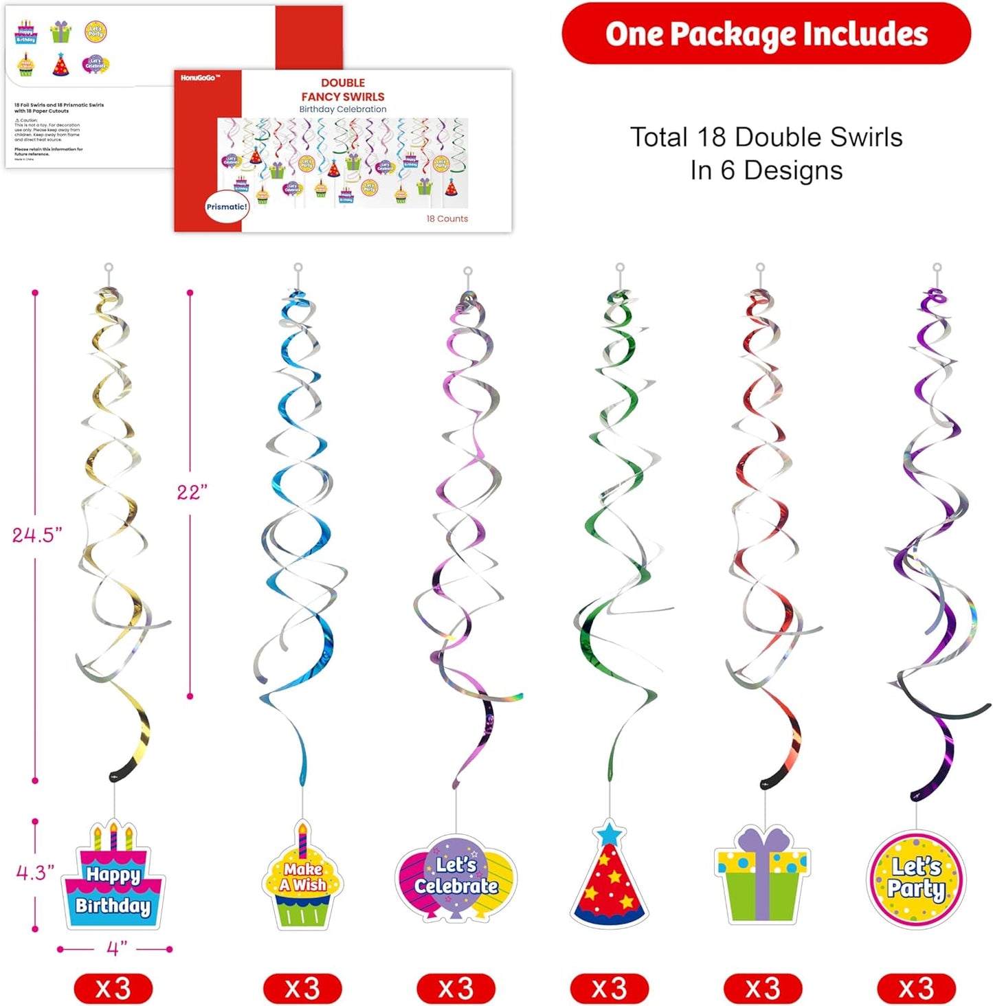 18Pcs Birthday Party Hanging Decorations - Colorful Swirl Streamers with "Happy Birthday," "Let's Celebrate," & "Make a Wish" Signs | Perfect for Parties, Birthdays, and Celebrations