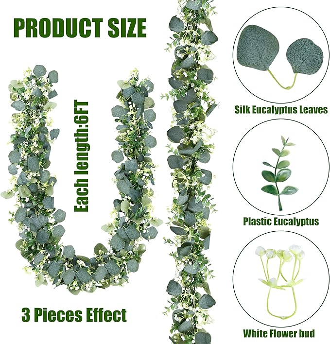 Sggvecsy 4 Pack Artificial Eucalyptus Garland Eucalyptus Leaves Vines Greenery Garland Faux Silver Dollar Eucalyptus Leaves for Table Party Wedding Indoor Outdoor Home Mantle Wall Decor