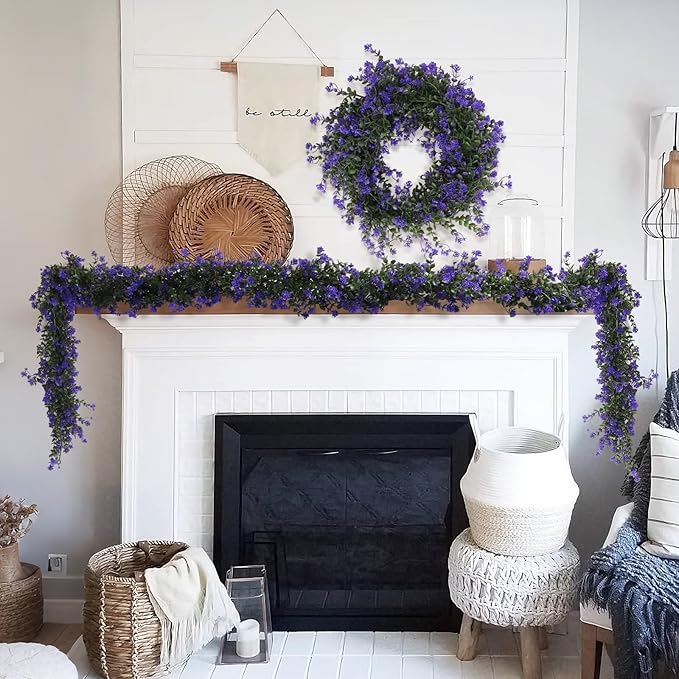 Fake Hanging Eucalyptus Garlands Artificial Vines Plants Eucalyptus Leaves with Flowers Greenery Spring Floral Garland for Home Garden Wedding Wall Arch Party Decoration(Purple)