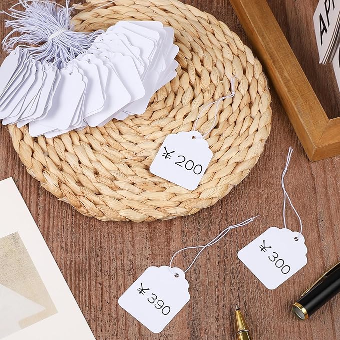 200 Pcs Price Tags with Elastic String, Gift Tags Writable Blank Jewelry Tag for Clothes Jewelry Pricing Gift (1.38×1.8Inch,White)