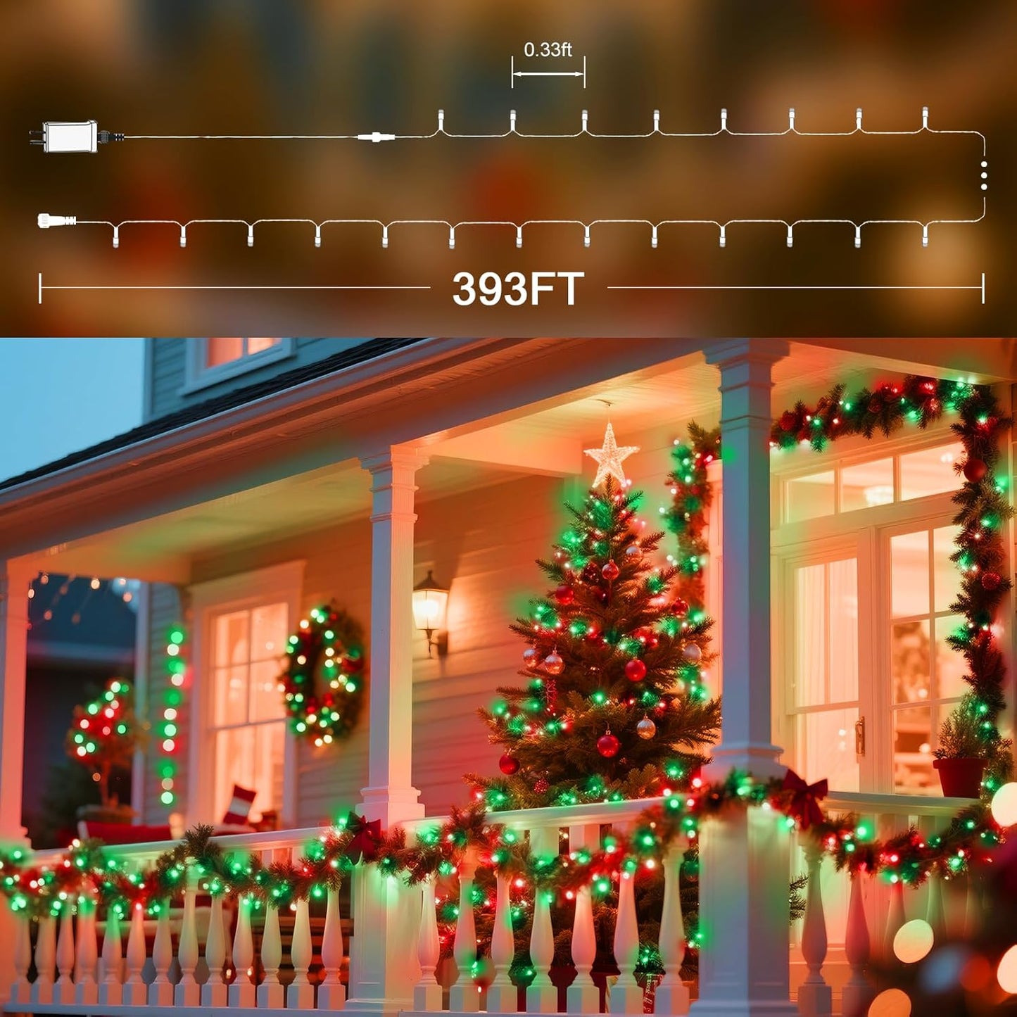 393 FT Christmas Lights 1000 LED Xmas Lights Outdoor Christams String Lights Waterproof 8 Modes & Timer, Fairy Lights Plug in for Weeding, Patio, Party, Holiday,Christmas Decor (Red+Green)