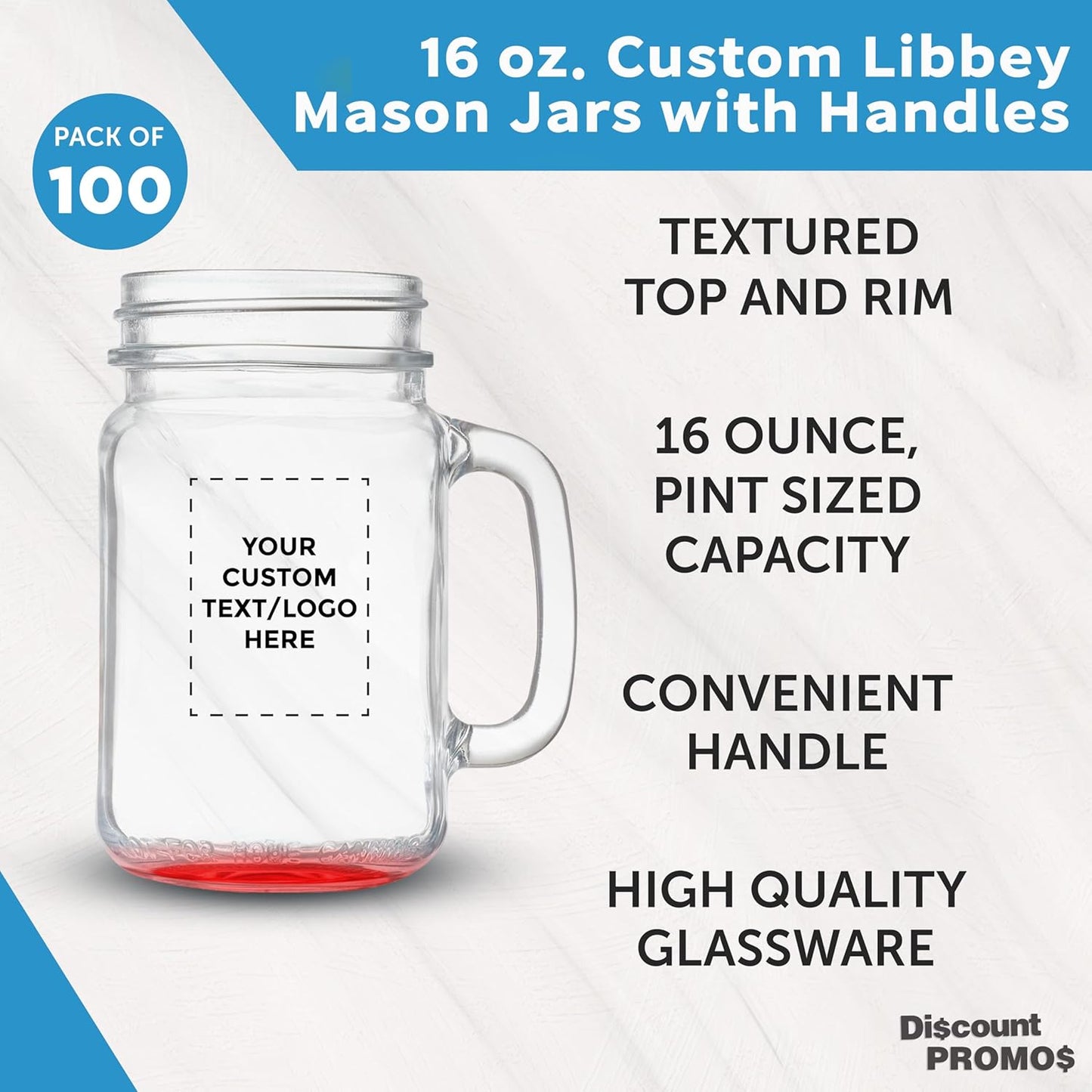 DISCOUNT PROMOS Custom Libbey Mason Jars w/Handles 16 oz. Set of 100, Personalized Bulk Pack - Traditional style, High standard - Red