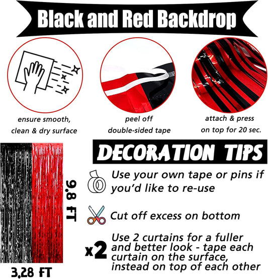 4 Pack 3.2Ft x 9.8Ft Black Red Fringe Curtain Backdrop, Metallic Tinsel Foil Fringe Streamers Curtains Background for Photo Booth Wedding Casino Viva Las Vegas Game Night Birthday Party Decorations