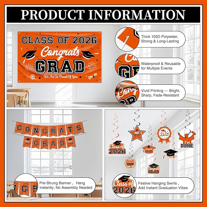 Graduation Decorations Class of 2026 Orange Graduation Party Decor Set include Congrats Grad Banner Backdrop Class of 2026 Balloons Party Supplies