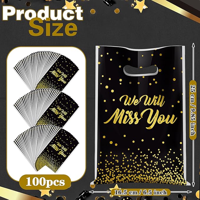 Supervitae 100 Pcs We Will Miss You Graduation Plastic Gift Bags Farewell Going Away Party Favor Bag Bulk with Handles for Birthday Graduation Farewell Snacks Goodie Candy Treat Leaving Party Supplies