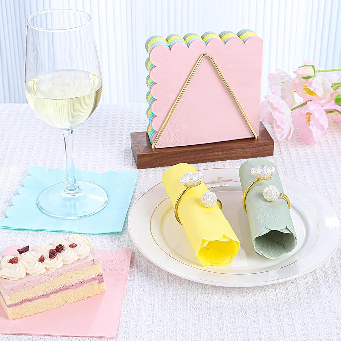 100 Pcs Cocktail Napkins Colorful Napkins with Scalloped Edges 5 x 5 Inch Dinner Napkins Disposable Thick Paper for Wedding Dinner Birthday Party - Assorted Colors Pink Green Yellow Blue