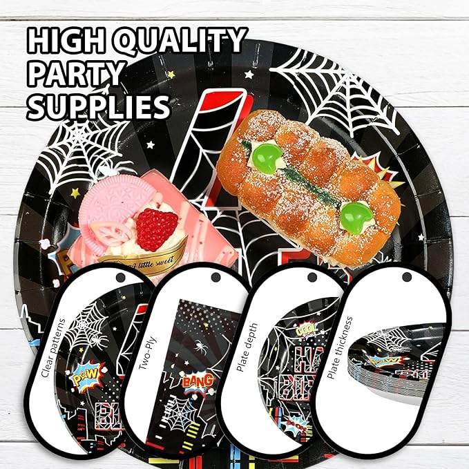 96 Pcs Spider 4th Birthday Party Supplies Black Spider 4th Birthday Plates Disposable Cartoon Super Theme Hero Paper Tableware Set for Boys Kids Spider 4 Year Old Party Decorations Serves 24