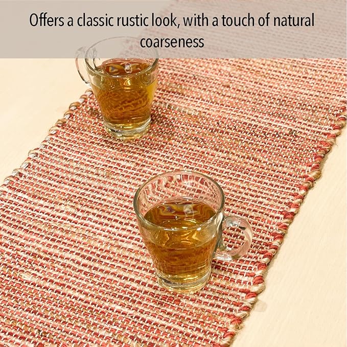 Chardin home Natural Jute Table Runner 13x36 Inch – Vintage Boho Rustic Table Decor – Handwoven Table Runner in Natural Jute and Rust Orange – Farmhouse Thanksgiving tablerunner