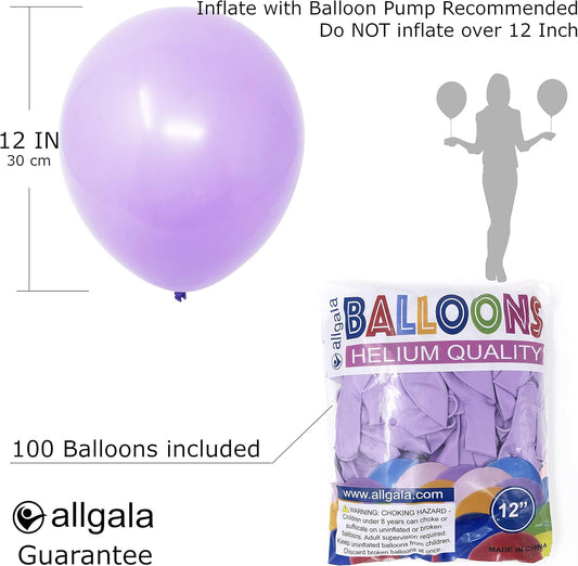 Allgala Latex Balloons for Parties | Helium Grade Bulk Balloon Pack | Ideal for Birthday Party Decorations, Baby Shower, Christmas Party | Colored Balloons for Events | 100ct 12" - Lavender