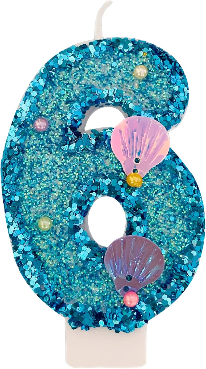 Blue Number Candle,Shell Sequins Number Candles for Birthday Cakes Mermaid Themed Party Supplies Number 6 Candle