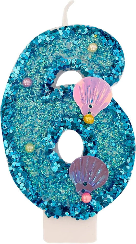 Blue Number Candle,Shell Sequins Number Candles for Birthday Cakes Mermaid Themed Party Supplies Number 6 Candle