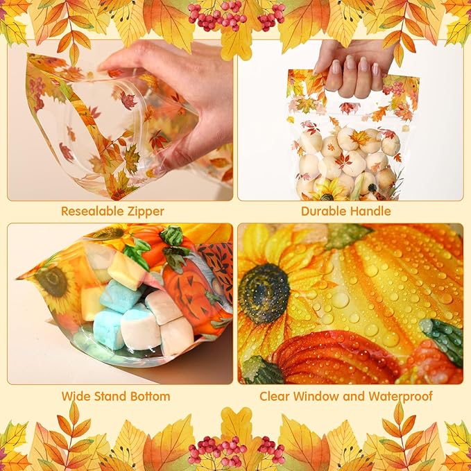 Blosssound 50 Pcs Thanksgiving Gift Bags Resealable Fall Goodie Bags Pumpkin Plastic Pouches Maple Leaf Sealing Pouches with Handles for Autumn Harvest Party Gift Wrapping Supplies Decor (Maple Leaf)