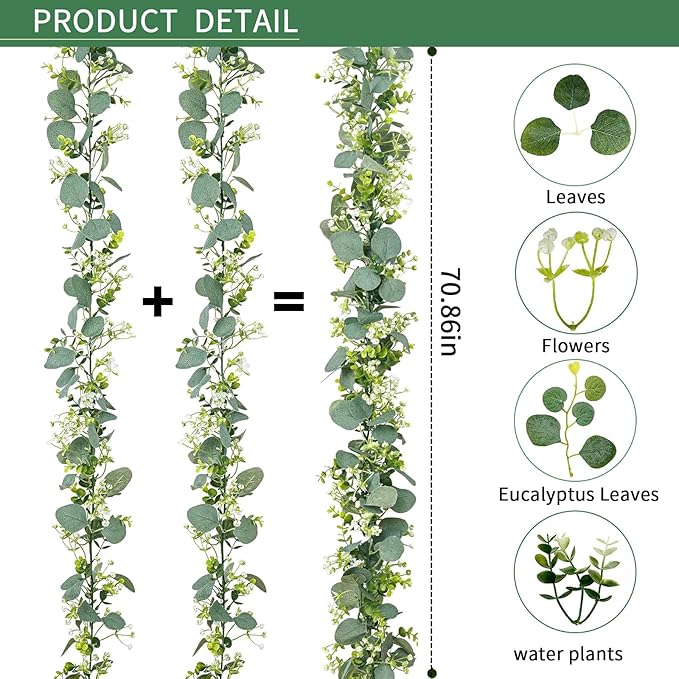 Artificial Eucalyptus Garland 5.9 Ft Faux Silk Leaf Silver Dollar Eucalyptus Leaves Vines Garland Greenery Wedding Backdrop Party Table Runner Room Mantle Indoor Outdoor Arch Wall Decoration (2PCS)
