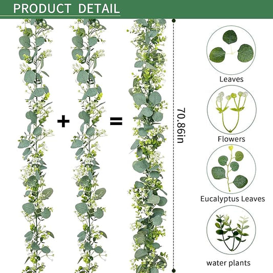 Artificial Eucalyptus Garland 5.9 Ft Faux Silk Leaf Silver Dollar Eucalyptus Leaves Vines Garland Greenery Wedding Backdrop Party Table Runner Room Mantle Indoor Outdoor Arch Wall Decoration (2PCS)