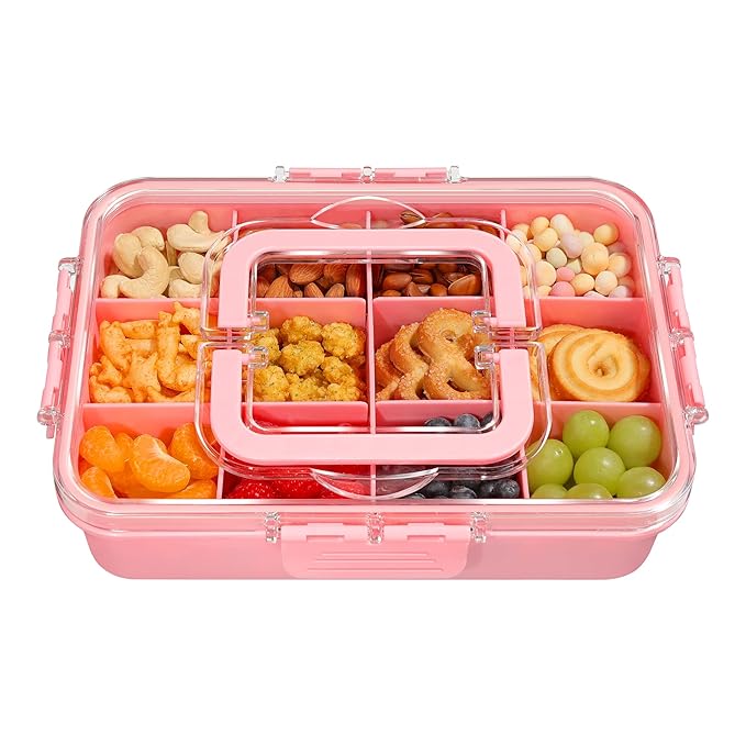 Snack Box Container for Kids - Adjustable 12-Compartment Snack Containers, Reusable Bento Box, Dishwasher Safe, BPA-Free, Perfect for School, Travel, Camping & Picnic, Pink