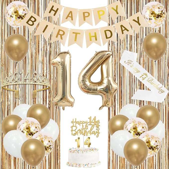 Trgowaul 14th Birthday Decorations for Girls, Banner, Sash and Crown, Cake Topper, 14 Number Balloon, Fringe Curtains, Champagne Gold 14th Birthday Party Supplies