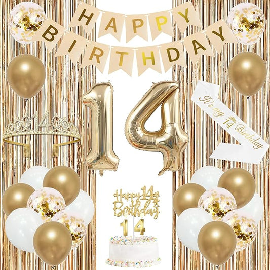 Trgowaul 14th Birthday Decorations for Girls, Banner, Sash and Crown, Cake Topper, 14 Number Balloon, Fringe Curtains, Champagne Gold 14th Birthday Party Supplies