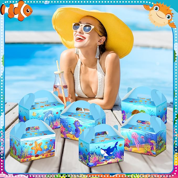 24 Pcs Under The Sea Party Favor Treat Boxes Ocean Shark Turtle Dolphin Goodie Candy Gift Boxes for Birthday Ocean Animals Party Favors Supplies