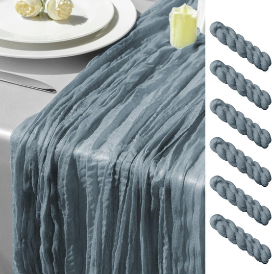 GARIG 6 Dusty Blue Table Runner for Summer, 10FT Boho Sheer Spring Gauze Cheesecloth Table Runner 35x120Inch for Mother's Day Wedding Party Baby Bridal Shower Birthday Home Decor