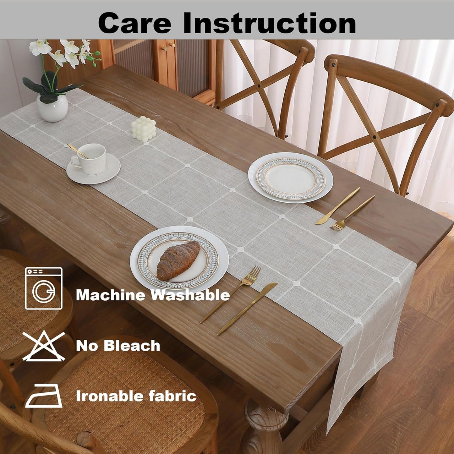 Gernaice Boho Table Runner, Modern Plaid Cotton Linen Farmhouse Table Runners for Holiday Wedding Dining Living Room Bedroom Home Decor, 90" L X 13" W Brown