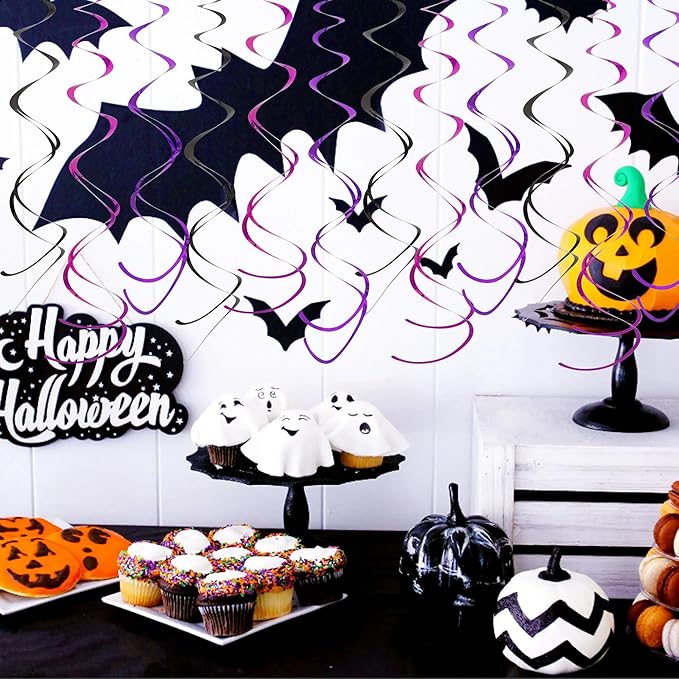 BEISHIDA Black Purple Pink Halloween Hanging Swirls Party Decorations Plastic Streamer for Ceiling, Halloween Party, Birthday Bachelorette Baby Shower Party Supplies, Pack of 30
