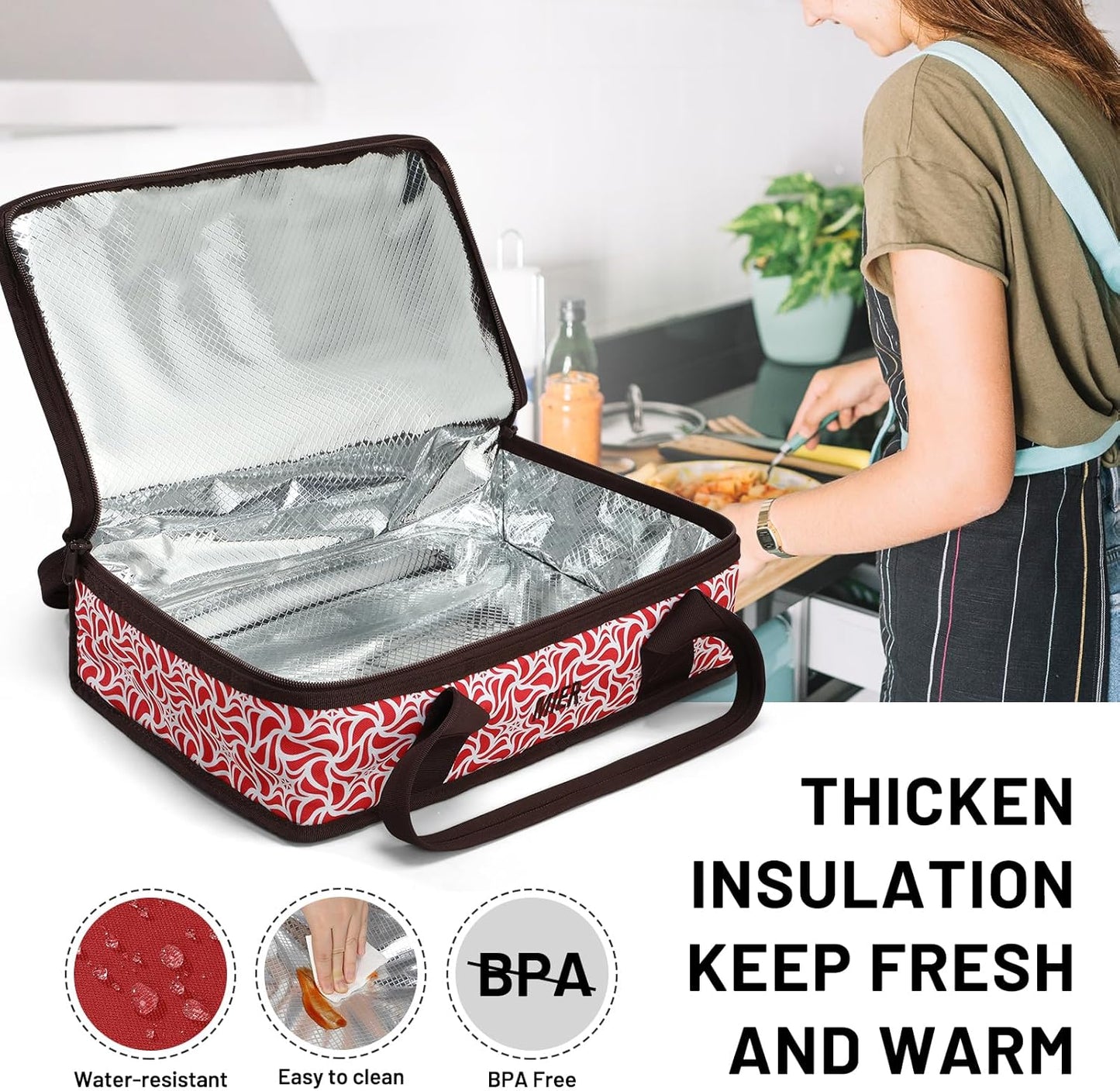 MIER Insulated Casserole Carrier for Hot or Cold Food Thermal Food Carrier Bag for Lasagna Potluck Parties Picnic Cookouts, Fits 9"x13" Baking Dish/Foil Pan, Red