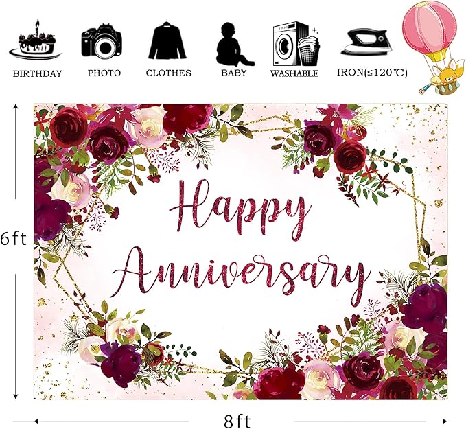 Homewelle Happy Anniversary Backdrop 8Wx6H Feet Polyester Fabric Elegant Burgundy Floral Watercolor Rose Plant Green Leaves Gold Glitter Decoration Romantic Photography Background Photo Shoot Props