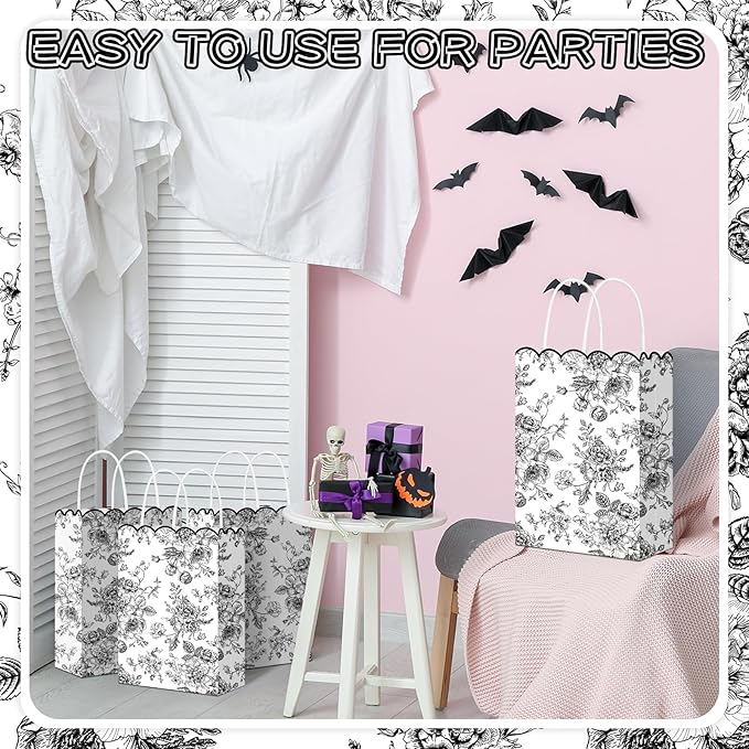 Kolldenn 24 Pcs Black Floral Gift Bags with Handles Wildflower Party Favor Candy Treat Goodie Bags Scalloped for Birthday Decoration for Bridal Baby Shower Party Supplies