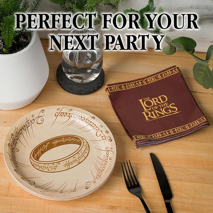 Silver Buffalo The Lord of the Rings Elvish Script 32 Pack Partyware Disposable Paper Plates and Napkins
