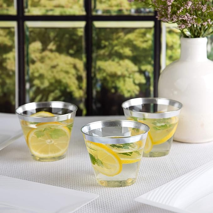 PLASTICPRO 9 oz Disposable Plastic Party Cups,Old fashioned Designed Tumblers, Crystal Clear (Clear With Silver Rim, 200)