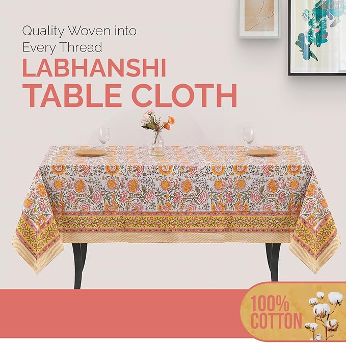 Labhanshi Indian Block Print Floral Table Cloth|Cotton 10-Seater 72x135 Inch Rectangle Reusable Dinner Picnic Tablecloth|Cocktail Parties Wedding Spring Easter Table Decor|White Marigold